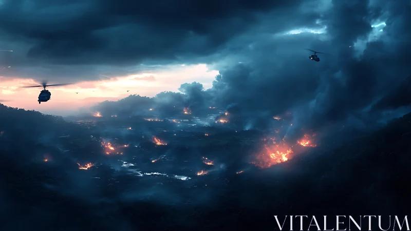 Helicopters over burning valley under dense storm clouds.