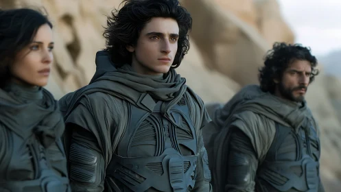 Desert wanderers stand ready in sculpted futuristic armor.