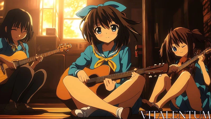 Anime students with acoustic guitars in warm lit room.