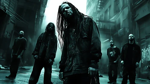 Industrial alley band portrait in teal cinematic lighting.