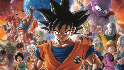 Heroic anime warriors assemble against a cosmic battle sky