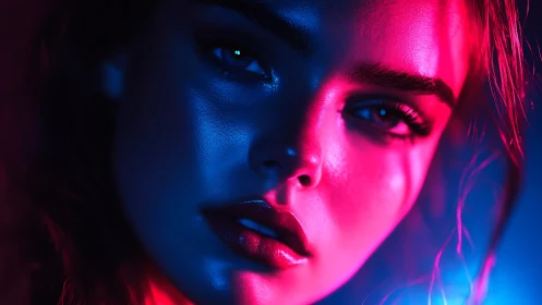 Neon-lit portrait in vivid magenta and electric blue glow.