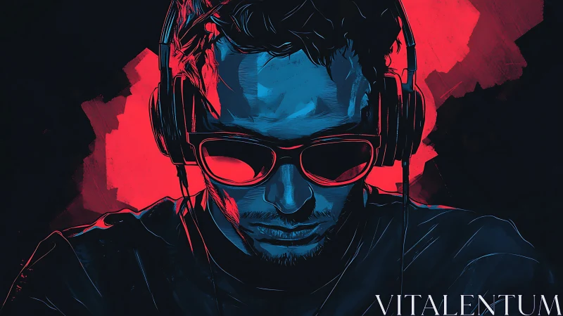 Headphoned man in neon blue and red digital portrait