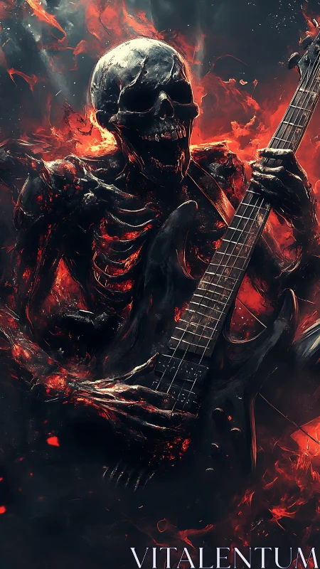 Skeletal guitarist figure rendered in molten fire tones.
