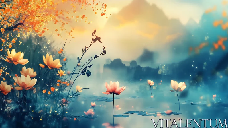Dreamlike lotus pond glows under misty sunrise in mountains