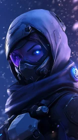 Cybernetic hooded operative portrait in neon frost lighting.