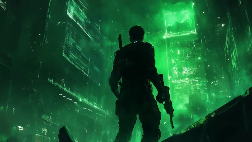 Armored operative surveys neon-occluded skyscrapers in toxic haze