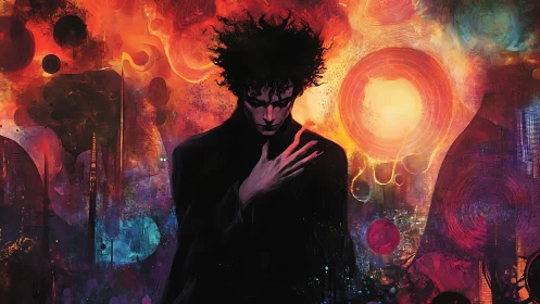 Silhouetted figure stands before layered radial light forms