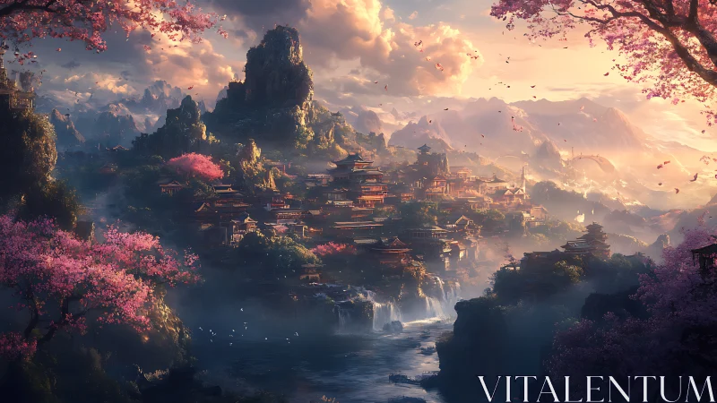 Fantasy mountain city stretches across rivers under sunset light