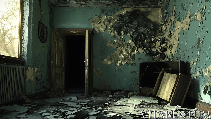 Decayed teal room reveals crumbling walls and dark doorway