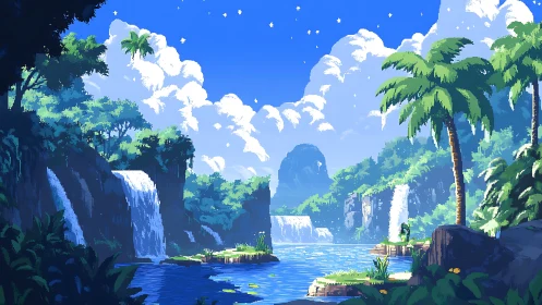 Tropical Canyon Landscape with Cascading Waterfalls.