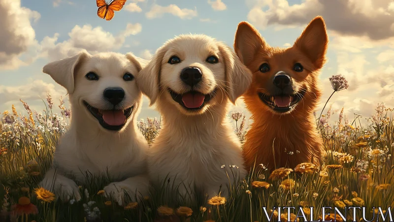 Joyful puppies in golden meadow under warm sunset sky.