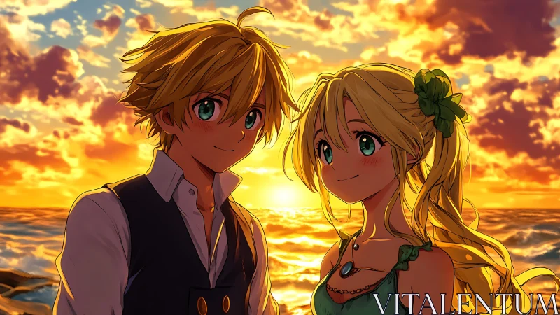 Sunlit anime couple framed by vivid ocean sunset glow.
