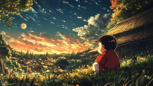 Anime sunset village vista with contemplative child framing.
