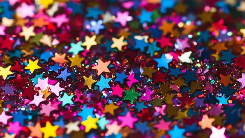 Dense macro field of multicolored metallic star confetti particles