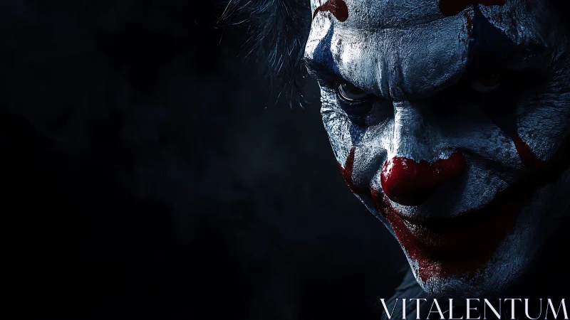 Sinister clown portrait rendered in dramatic low key lighting
