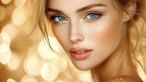 Close-up portrait shows stylized blue-eyed woman in gold light