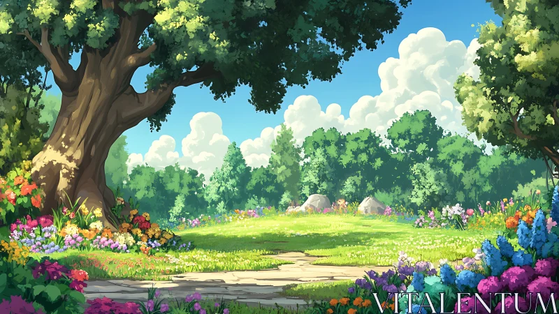 Landscape Forest Clearing with Large Tree and Flowers