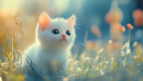 White Kitten in Golden Grass Field with Blue Eyes.