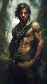 Battle-hardened jungle warrior stands in misty rainforest