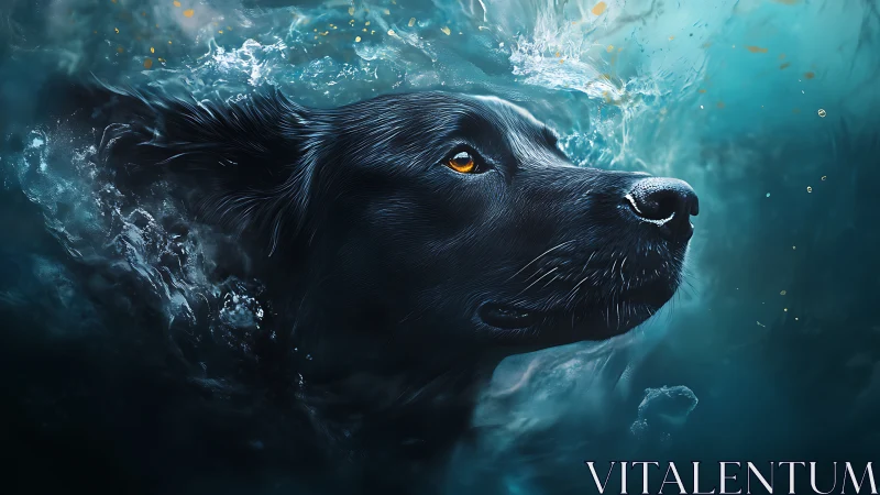 Black dog underwater rendered with dynamic aquatic lighting.