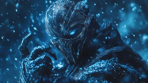 Ice-clad cyber warrior glares through swirling blue blizzard