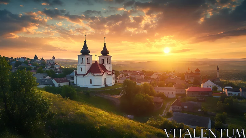 Sunlit hilltop village and twin-towered church at dusk.