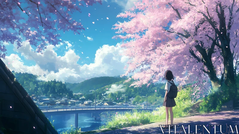 Girl beneath cherry blossoms by a quiet riverside town.