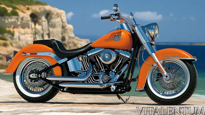 Orange cruiser motorcycle parked by clear blue seaside.