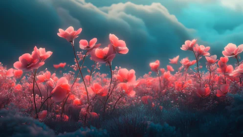 Red flowers field landscape with dramatic sky formation.