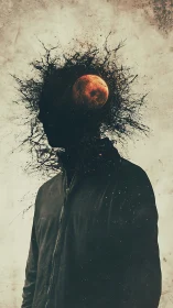 Silhouetted figure holds a burning moon within a fractured mind