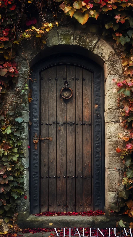 Weathered wooden arched door framed by stone wall and ivy