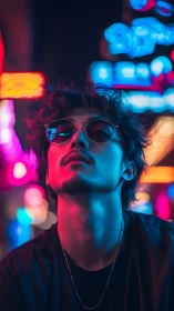 Man in neon city street with colorful night lighting.