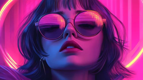 Neon-lit cyberpunk portrait with reflective chromatic lenses.