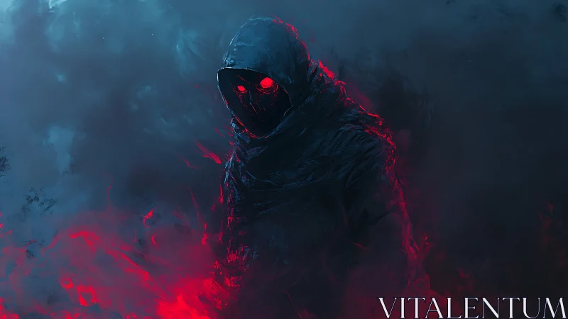 Hooded ember wraith emerging from electric crimson fog.
