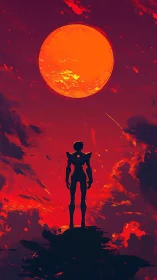 Lone space hero watching a blazing red cosmic moon.