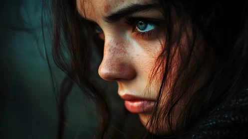 Extreme close-up portrait isolates freckled face and teal eye