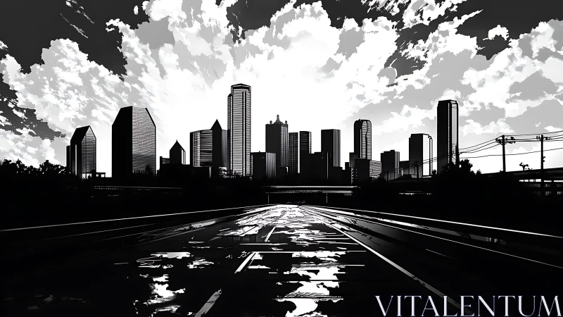 Monochrome urban skyline with empty multilane highway foreground.