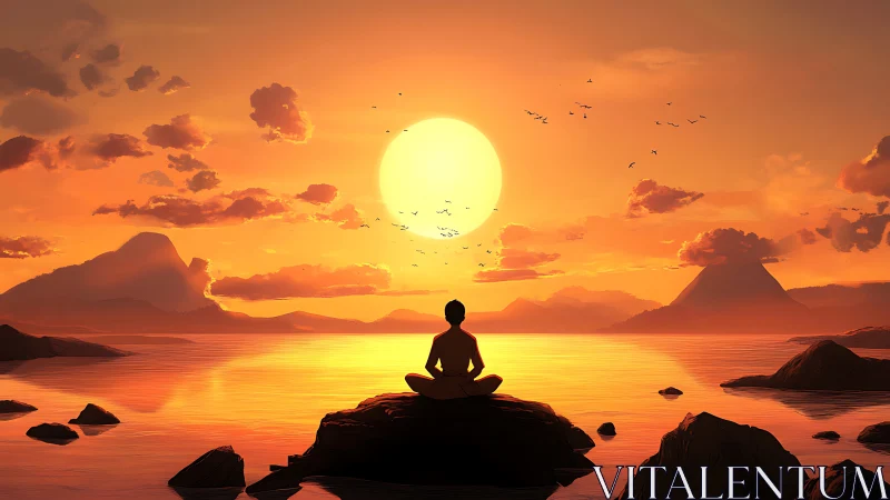 Meditator silhouettes against molten orange ocean sunset glow.