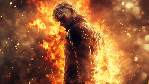 Figure in leather jacket is enveloped in controlled digital flames