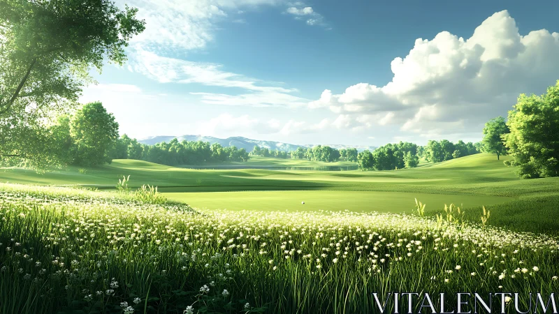 Sunlit golf fairway framed by detailed wildflower foreground depth