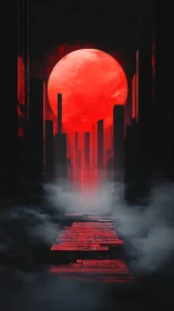 Crimson moonrise stalking a fog-drowned neon canyon.