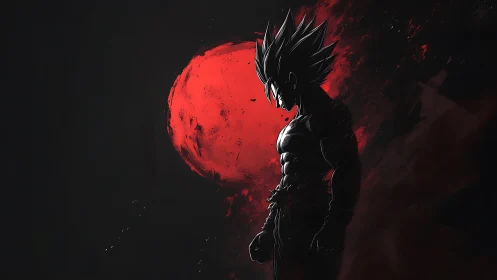 Brooding warrior silhouette before a feral crimson moon.