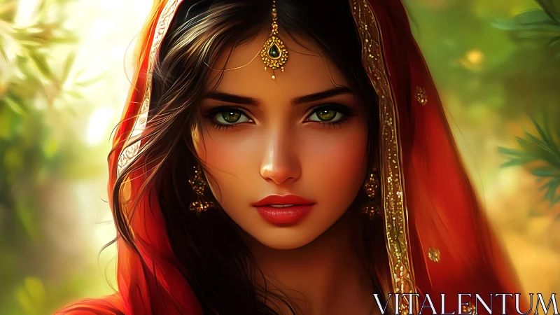 Digital portrait of woman in red veil with green eyes.