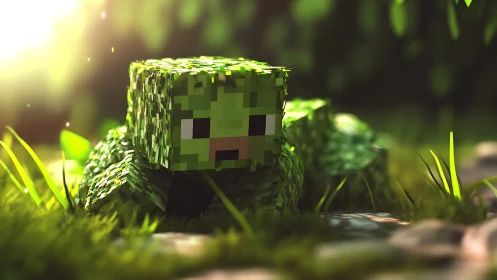 Voxel moss creature in sunlit macro forest environment