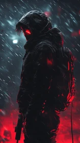 Hooded cybernetic sentry stands in neon red rain-soaked alley