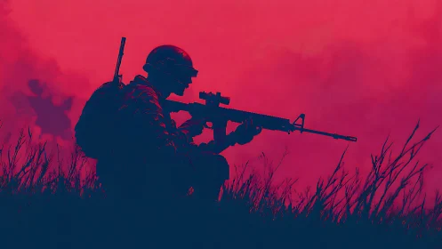 Silhouetted soldier study in high-contrast digital duotone field.