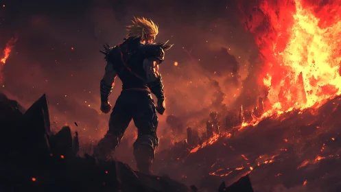 Flame-scorched warrior pauses above a collapsing ember city