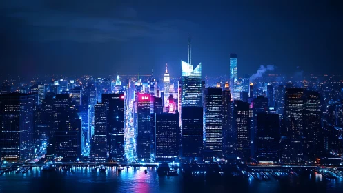 Illuminated high rise city skyline at night by the water.