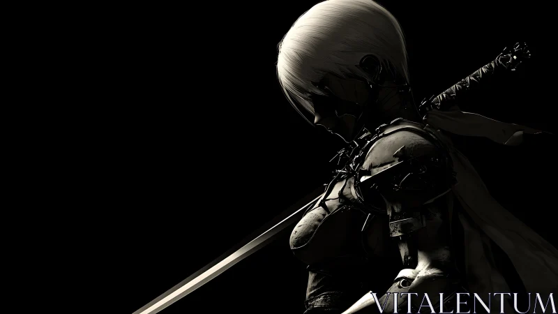 High-contrast armored swordswoman rendered in dramatic rim lighting